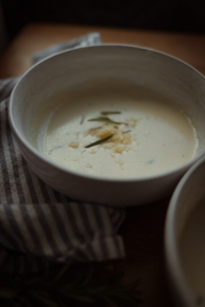 close up of a bowl of gluten free cauliflower soup