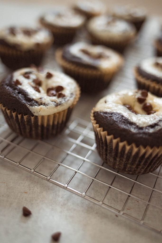 close up view of gluten free black bottom cupcakes