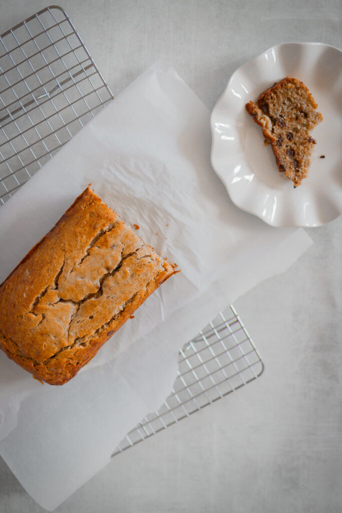 gluten free banana bread on a wire rack