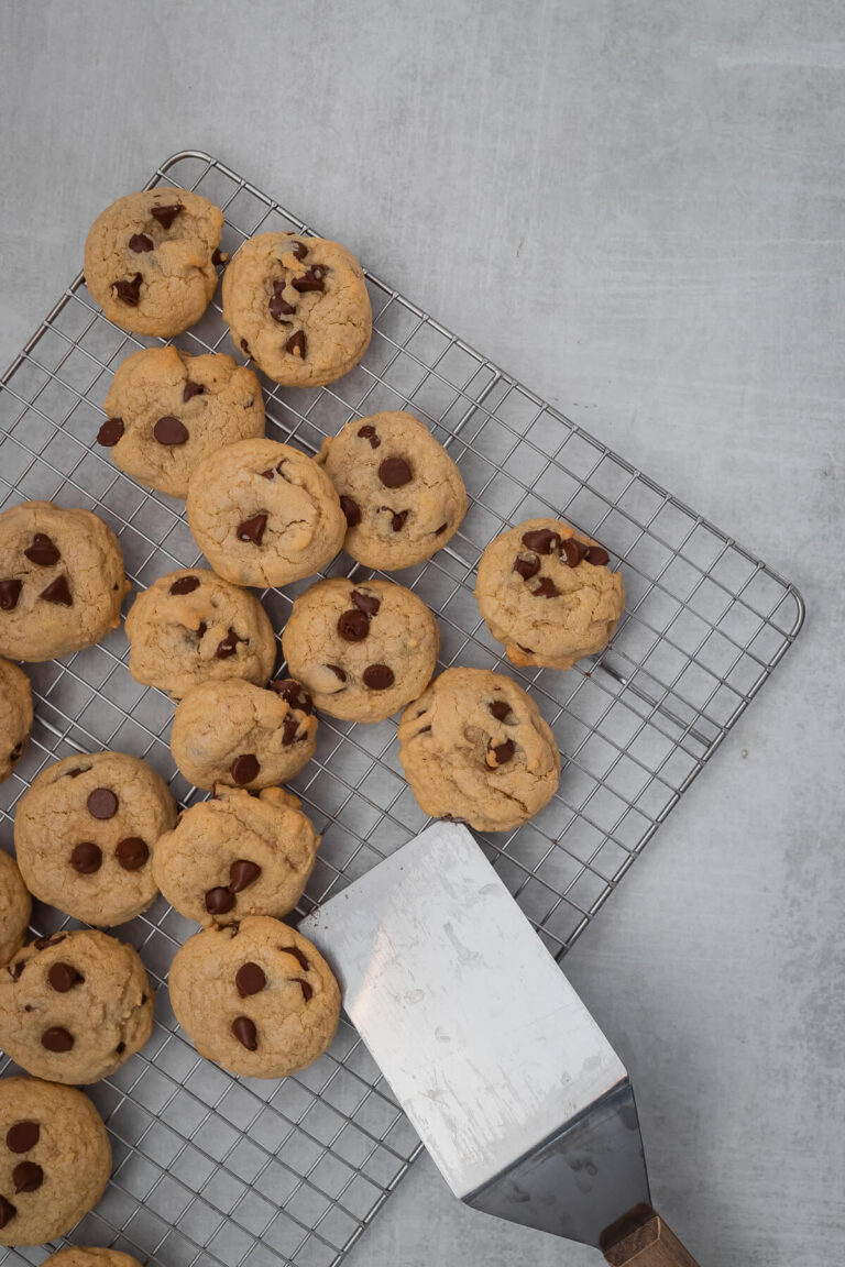 gluten free chocolate chip cookies on a baking rack