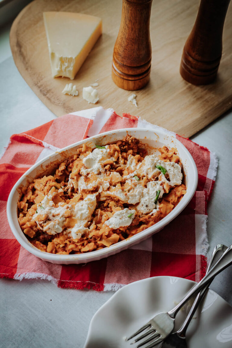 One pot lasagna pasta on a red and white gingham napkin